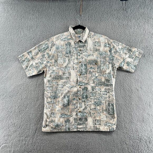 VTG Hook & Tackle Men's Medium Fish Pattern Button Camp Shirt Tan Green Fishing - Picture 2 of 13